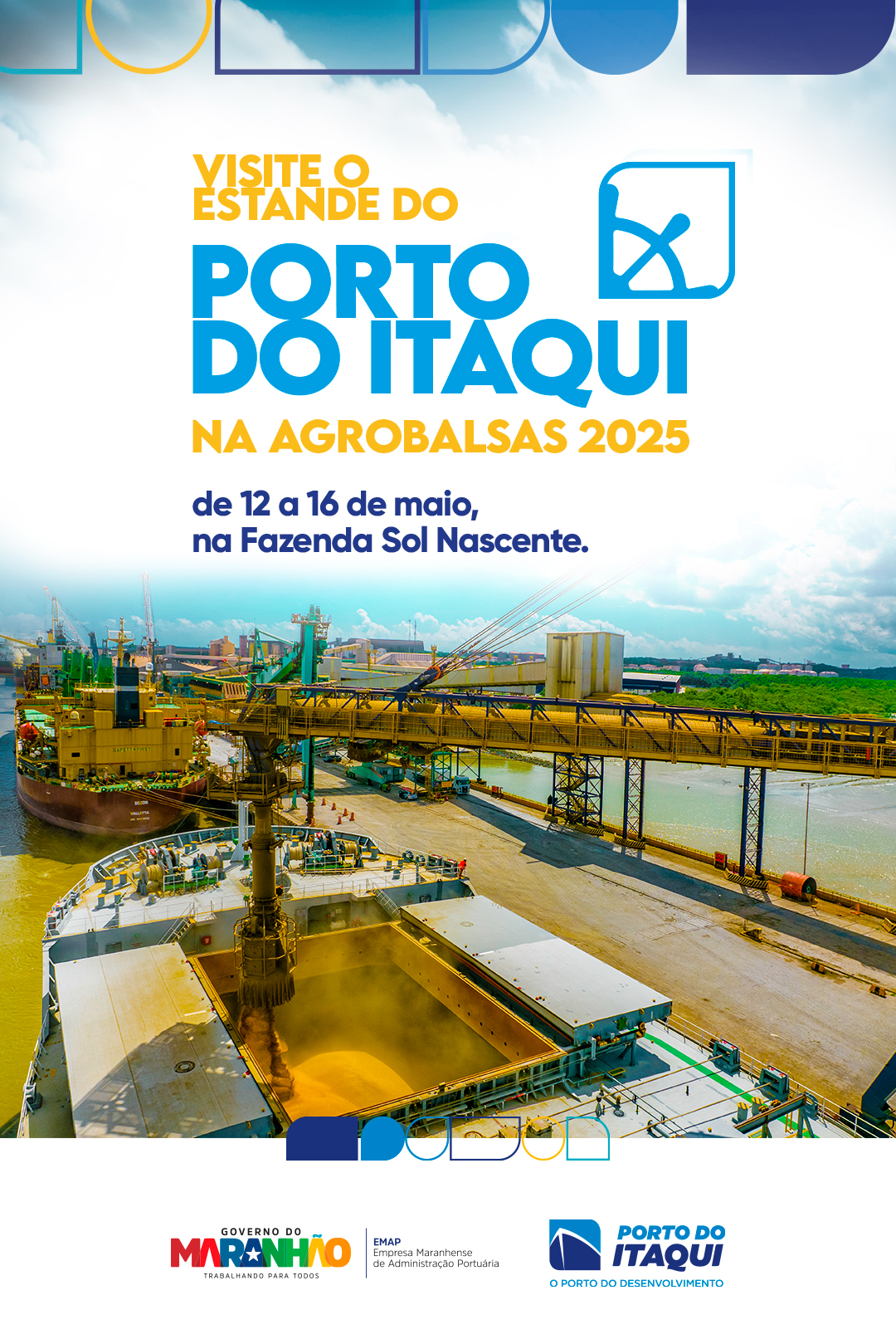 Navio atracado no Porto do Itaqui, com destaque para a infraestrutura e carregamento de grãos.