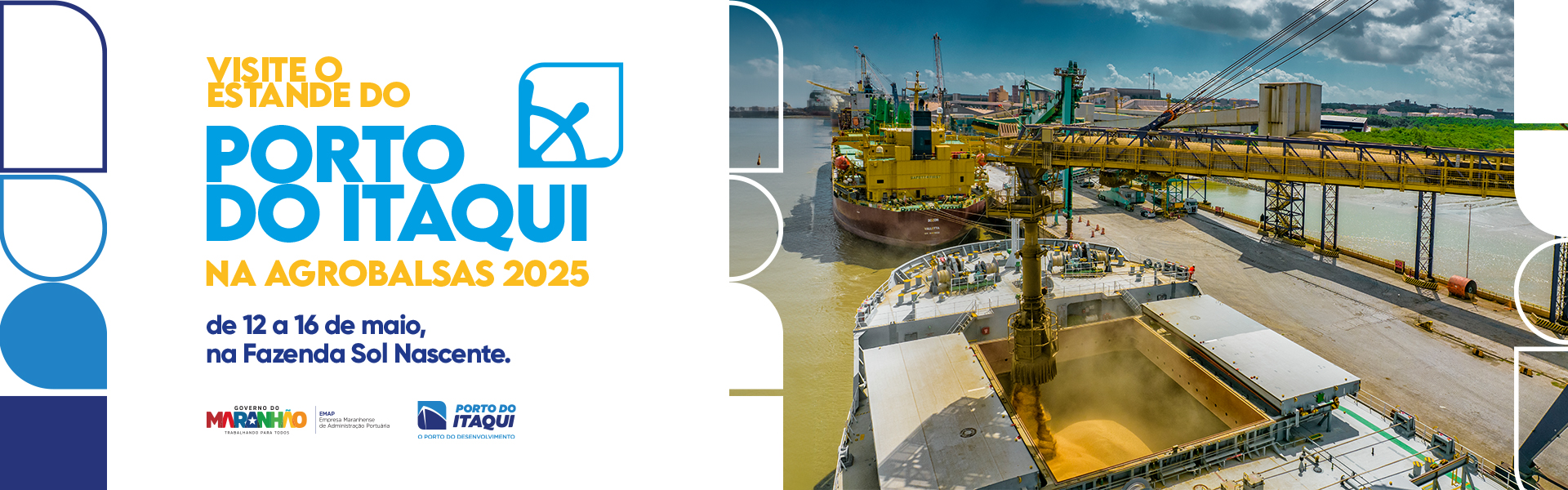 Navio atracado no Porto do Itaqui, com destaque para a infraestrutura e carregamento de grãos.