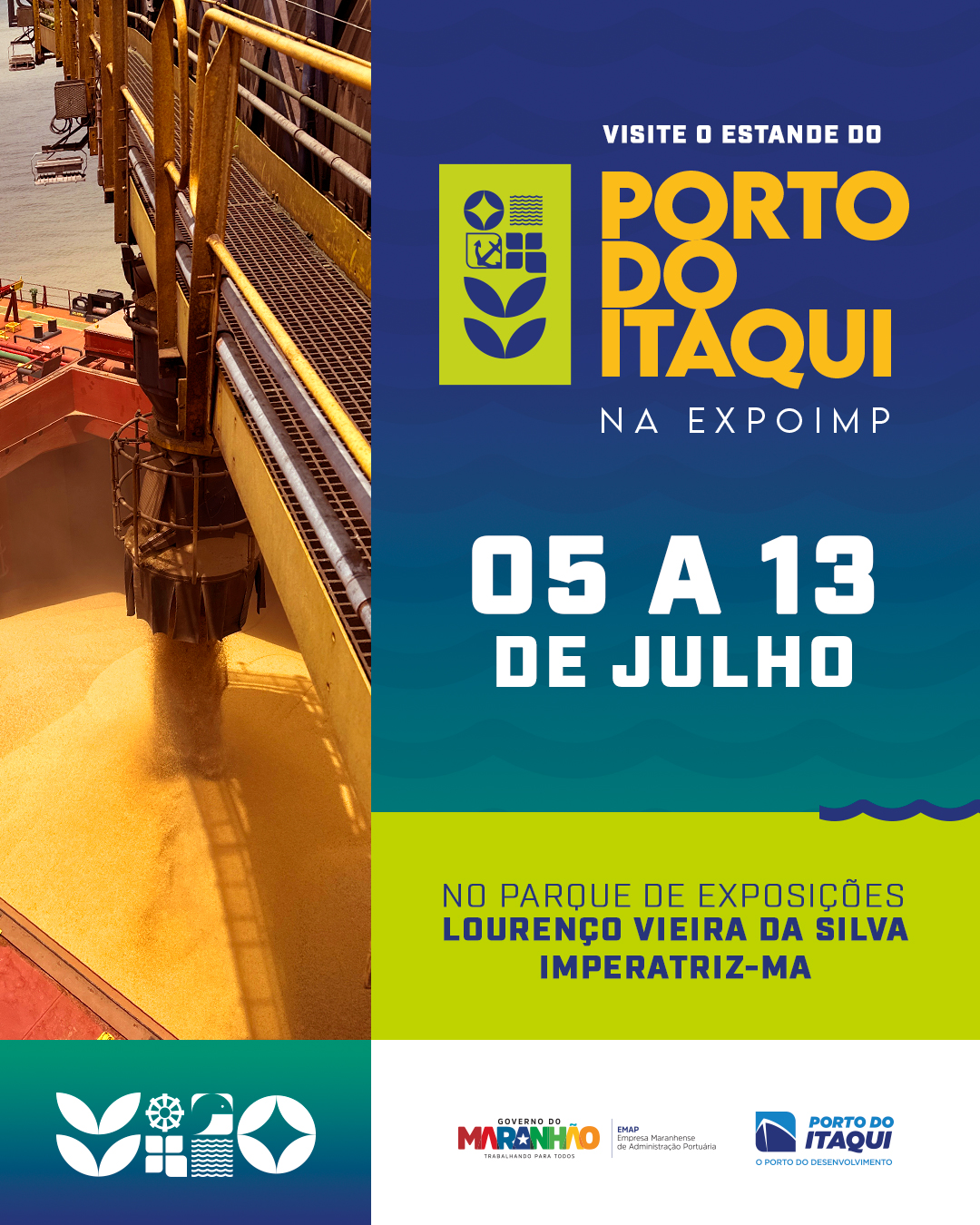 Navio atracado no Porto do Itaqui ao pôr do sol, com destaque para a infraestrutura portuária e a posição estratégica no Arco-Norte.